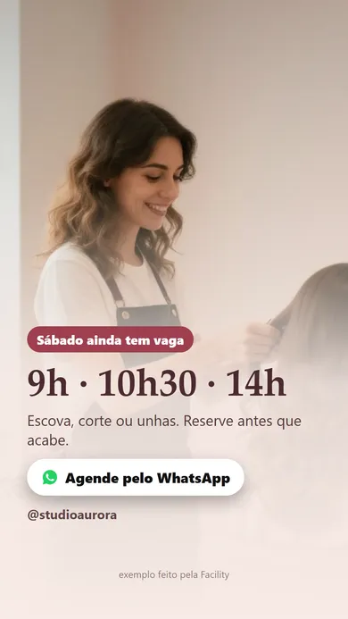 Story demonstrativo de salão fictício com horários e convite para contato